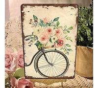 Victorian Decor French Rose Decor Garden Signs, Bike with Flower Red Rose Summer Spring Decor Farmhouse Country Decor, 12x 8 Inches Vintage Metal Sign Rose Wall Decor