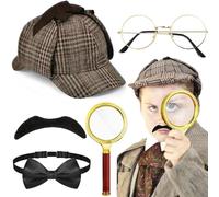 Victorian Detective Costume Set, Sherlock Holmes Fancy Dress Accessories with Deerstalker Hat Magnifier Glasses Bowtie Fake Beard for Kids Adults Halloween Cosplay Dress Up Carnival Party Outfits