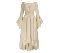 Victorian Dresses for Women Halloween Medieval Costume Long Sleeve Ball Gown Dress Steampunk Vintage Gothic Smocked Midi Pirate Costumes Renaissance Punk Dress, Beige, XL