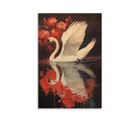 Victorian-Era Illustration of A Majestic Swan Gliding on Mercury-Like Waters, Art Nouveau Florals Reflecting Below Fashionable Wall Decor - Hanging Art Poster And Mural16x24inch(40x60cm)
