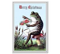Victorian Frog Christmas Card - Rare Old Vintage Frogs - Victorian Frog on Toadstool Theme - Traditional Merry Xmas Wishes Greeting - Victorian Era Scene - Blank Inside to Write own Message