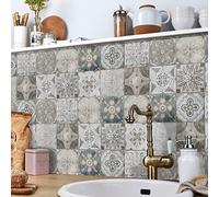 Victorian Grey Tile Stickers for Kitchen 10x10cm(4") 24 pcs Water and Oil Proof Wall Tiles Self Adhesive for Bathroom Furniture Stick on Tiles Transfer Cover for Fireplace Surround