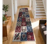 Victorian Living Room Runner Rug 100x300cm Dusty Rose Grunge Checkerboard | Vintage Raven Skeleton Floor Carpet Low-Pile Non-Slip Chequered Kitchen Runner for Hallway Corridor Indoor Halloween