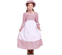 Victorian Maid Costume for Girls Age 6-16 with Apron & Bonnet, Cotton Fancy Dress Outfit for Halloween Cosplay & School Plays