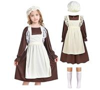 Victorian Maid Costume Girls, Medieval Village Dress with Mop Cap White Socks, Kids Victorian Poor Servant Child Outfit Fancy Dress Up World Book Day Week Carnival Halloween (Brown, L (8~10 Yrs))