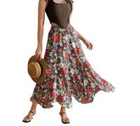 Victorian Maxi Skirt Women Cottagecore A-line Light Swing Skirt with Drawstring Rose Floral Print L