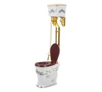 Victorian Miniature Toilet with Elevated Cistern, Purple Flower | Elevated Cistern with Visible Fittings, Decorative Pull Chain and Brackets, Distinctive Detail for Miniature