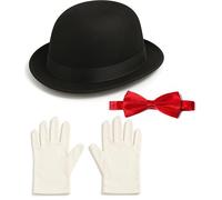 Victorian Nanny Costume Set - Black Bowler Hat, Red Bow Tie & White Gloves - Steampunk Accessories for Cosplay, Vintage Roleplay, Classic Dress-Up for Men & Women