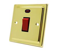 Victorian Polished Brass 45A Cooker Switch Black Insert - 45 Amp DP Cooker Switch w/Neon Indicator 1-Gang Plate