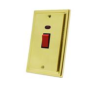Victorian Polished Brass 45A Cooker Switch Tall Plate Black Insert - 45 Amp DP Cooker Switch w/Neon Indicator 2-Gang Plate