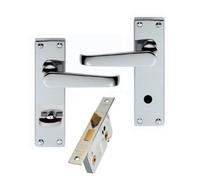 Victorian Polished Chrome Bathroom Door Handles and 64mm Lock (44mm Backset) Pack Set in Polish Chrome