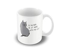 Victorian Printing Co - Unique Grey Cat Illustration 'I'd Rather be at Home with My cat Printed Mug, Ceramic, 11fl.oz.