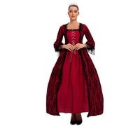 Victorian Queen Dress for Women Medieval Regency Dresses Gothic Lace Bell Sleeve Gown Renaissance Royal Fancy Vintage Court Masquerade Halloween Vampire Costume with Petticoat Necklace (Red, S)