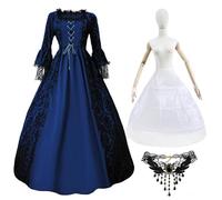 Victorian Queen Dress for Women Medieval Regency Dresses Gothic Lace Bell Sleeve Gown Renaissance Royal Fancy Vintage Court Masquerade Halloween Vampire Costume with Petticoat Necklace (Blue, S)