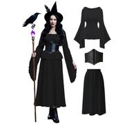 Victorian Renaissance Fairy Costume Women Ren Faire Outfit Medieval Pirate Shirt and Skirt Halloween Dress (S, Black)