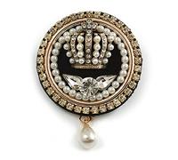Victorian Royal Style Round Crystal Pearl Beaded Crown Brooch - 45mm Long