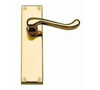 Victorian Scroll Door Handle Lever On Backplate Long - Latch Set - Polished Brass