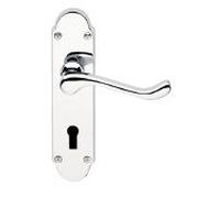 Victorian Scroll Door Handles on Shaped Backplate Lever Lock Polished Chrome