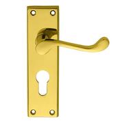 Victorian Scroll Lever on Backplate Door Handle Set Traditional Interior Lever Handle with Decorative Scroll Design for UK Period Properties (Lock - Euro, Polished Brass, 150mm x 43mm Backplate)