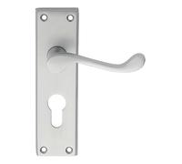 Victorian Scroll Lever on Backplate Door Handle Set Traditional Interior Lever Handle with Decorative Scroll Design for UK Period Properties (Lock - Euro, Satin Chrome, 150mm x 43mm Backplate)