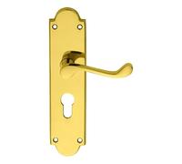 Victorian Scroll Lever on Shaped Backplate Door Handle Set Traditional Interior Lever Handle with Decorative Backplate for UK Properties (Lock - Euro, Polished Brass)