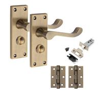 Victorian Scroll Privacy Door Handle Set Antique Brass Finish With Hinges - Golden Grace