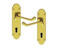 Victorian Shaped Scroll Lever on Lock Profile Backplate Traditional Lever Door Handle Set Compatible with Mortice Locks Fittings Included (Polished Brass)