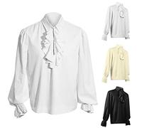 Victorian Shirt Men, Mens Victorian High Collar Shirt Classic Retro Style Renaissance Steampunk Victorian Tops Fashion Long Sleeve Jabot Collar Medieval Top With Ruffled Frilly Design Pirate Wear