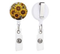 Victorian Stained Glass Yellow Sunflowers Feild Retractable Badge Holder Reel Clip ID Card Holder for Doctor Nurse Student Office Worker
