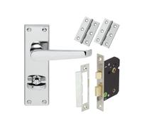 Victorian Straight Lever Door Handle on Bathroom Profile Backplate with Privacy Lock Pack and Safety Release (Polished Chrome)