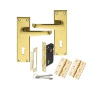 Victorian Straight Lever on Lock Profile Backplate Pack with Mortice Lock and Screws Traditional Lever Door Handle Set Fittings Included (Polished Brass)