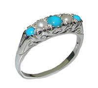 Victorian style 925 Sterling Silver Natural Turquoise & Cultured Pearl Womens Band Ring - Size M