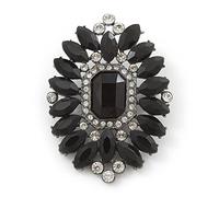 Victorian Style Black, Clear Acrylic Stone Oval Brooch In Gun Metal - 50mm Length