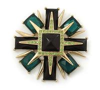 Victorian Style Black/Dark Green Resin Stone Layered Cross Brooch In Gold Tone Metal - 75mm Across