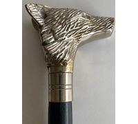 Victorian Style Brass/Wooden Walking Stick Wolf face Handle with Silver Chrome Finish