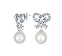 Victorian Style Cocktail Delicate Romantic Wedding Bridal Ribbon Cubic Zirconia White Simulated Pearl CZ Pave Bow Stud Drop Earrings For Women Silver Plated