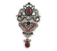 Victorian Style Crystal Flower Brooch/Pendant in Aged Silver Tone in Green/Red/Hematite/Clear - 80mm Long