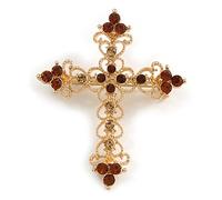 Victorian Style Diamante, Filigree 'Cross' Brooch In Gold Plating - 57mm Length