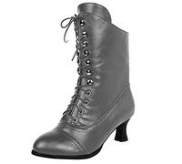 Victorian Style Mid-Calf Lace-Up Boots, Black Leather, Kitten Heels Women Splicing Wide Fit Gothic Steampunk Ankle Boots for Printed Shoes with Heel