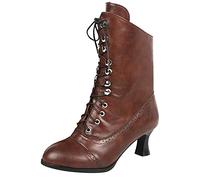 Victorian Style Mid-Calf Lace-Up Boots, Black Leather, Kitten Heels Women Splicing Wide Fit Gothic Steampunk Ankle Boots for Printed Shoes with Heel