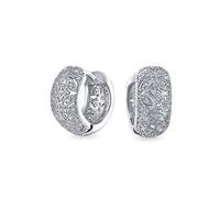 Victorian Style Open Filigree Flower CZ Accent Wide Huggie Hoop Earrings For Women Cubic Zirconia Silver Tone Brass