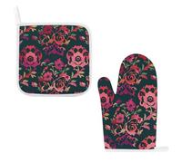 Victorian Style Roses Oven Mitts and Pot Holders Sets of 2 Non-Slip Cooking Kitchen Gloves Washable Heat Resistant Microwave Oven Gloves Hot Pads for Kitchen Baking