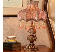 Victorian Style Table Lamp, Antique Fabric Design, Decorative Nightstand Light with Fringe, for Bedroom and Living Room, Button Switch