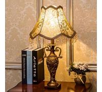 Victorian Style Table Lamp, Antique Fabric Design, Decorative Nightstand Light with Fringe, for Bedroom and Living Room, Button Switch