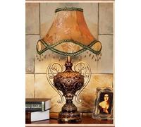Victorian Style Table Lamp, Antique Fabric Nightstand Lamp, Decorative Desk Light with Fringe, Floral Design for Bedroom and Living Room, Button Switch