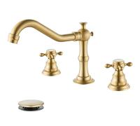 Victorian Style Widespread Brushed Gold Bathroom Vanity Basin Faucet 3 Holes Hot and Cold Mixer Tap with Pop Up Drain Assembly Overflow Dual Cross Knobs