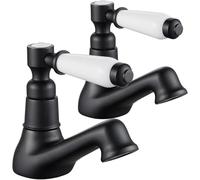 Victorian Twin Basin Faucet Set - Matte Black Bathroom Sink Taps with White Ceramic Levers Hot & Cold Water Mixers 2 Holes Ideal for Cloakroom & Traditional Decor