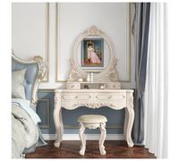 Victorian White Vanity Desk 80cm, Baroque Makeup Table with Drawers and LED Oval Mirror, Upholstered Stool, Dressing Table for Princess Women Girls