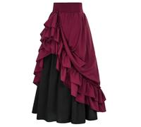 Victorian Women's Ruffled Skirt - Medieval Skirt Vintage Loose Hem Trapeze Cut Chic Renaissance Court Casual Fluid Elastic for Cosplay Gothic Halloween Carnival Prom Long Skirt, Wine, XL