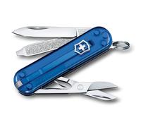 Victorinox Classic SD Mini Swiss Army Knife, Camping Pocket Knives, 7 Functions, Blade, Keyring, Blue Transparent